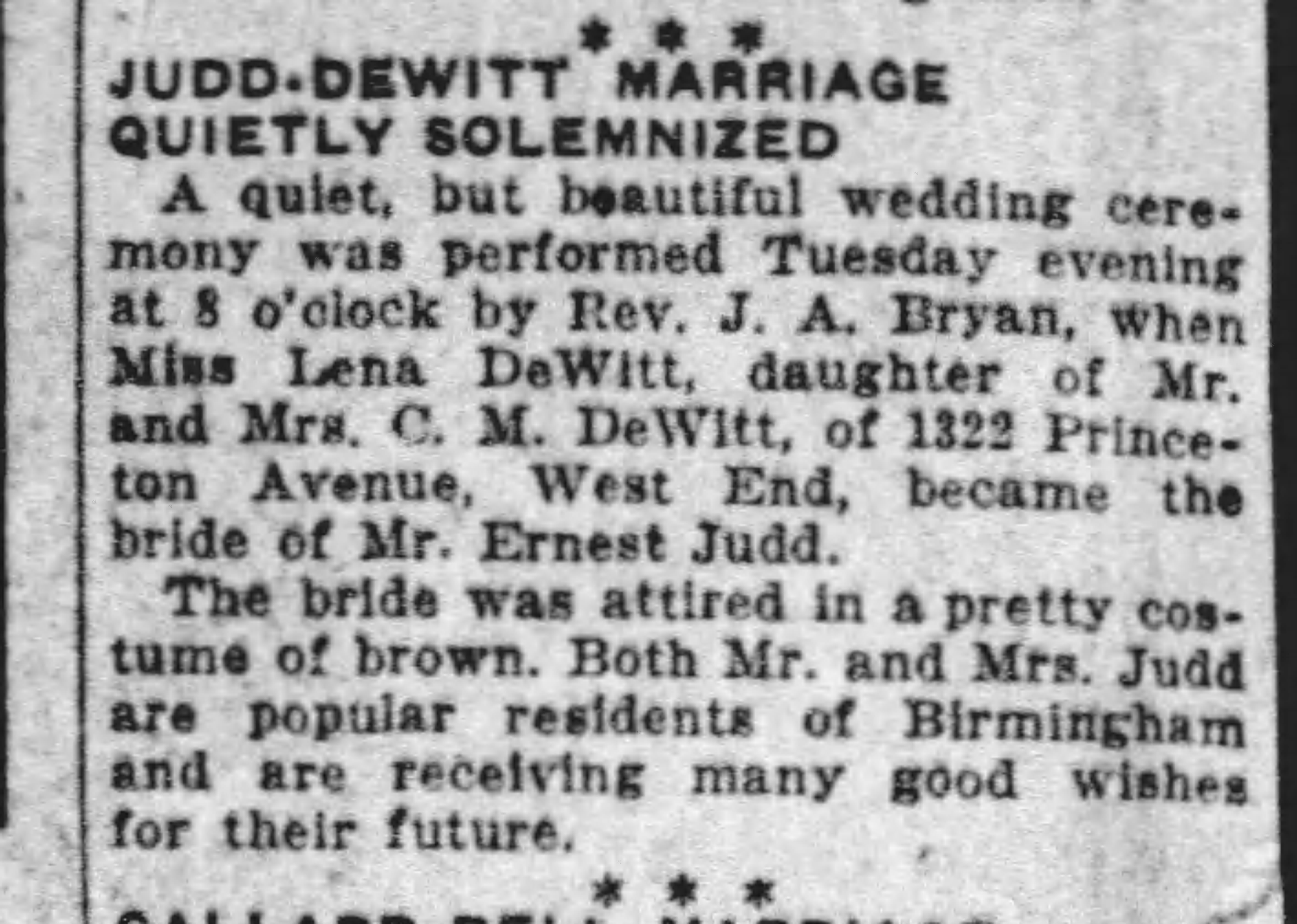 Judd-Dewitt Marriage Quietly Solemnized